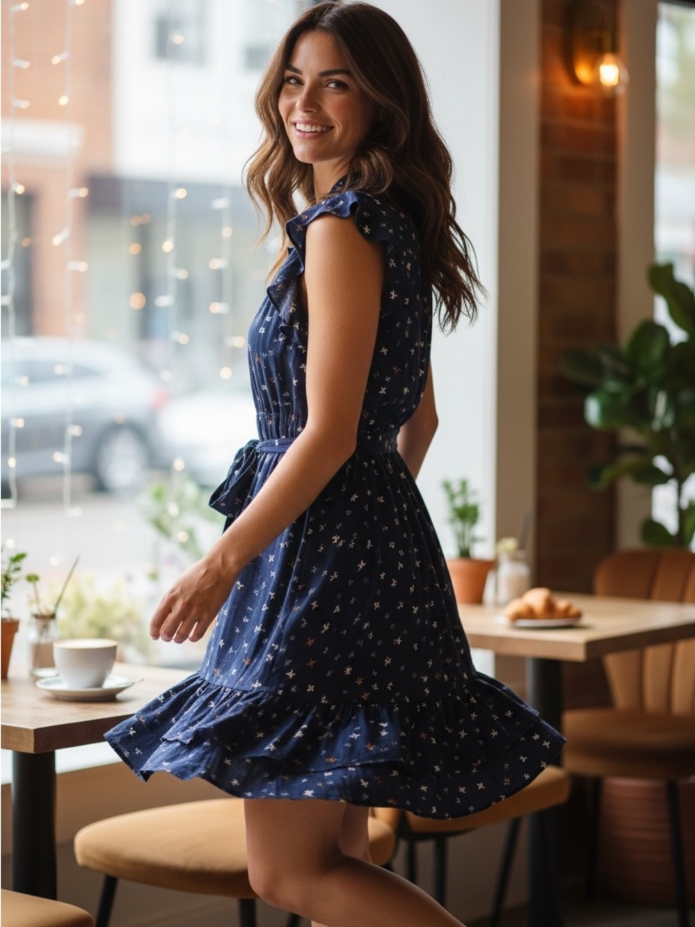 Papillon Blanc Navy Ruffle Tie-Waist Dress